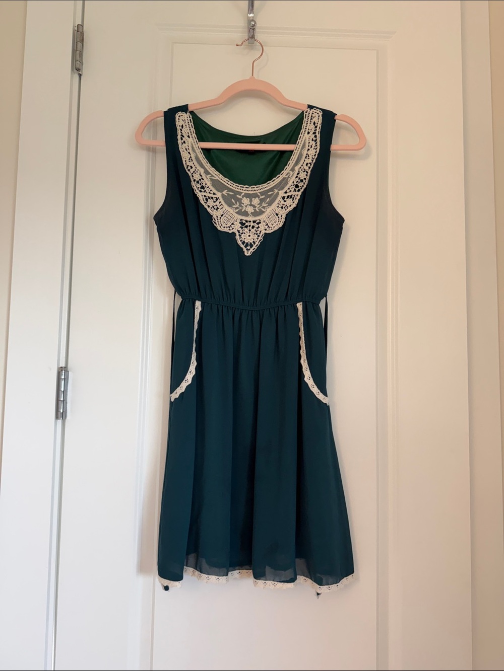 Sleeveless Teal Dress with Cream Lace Trim